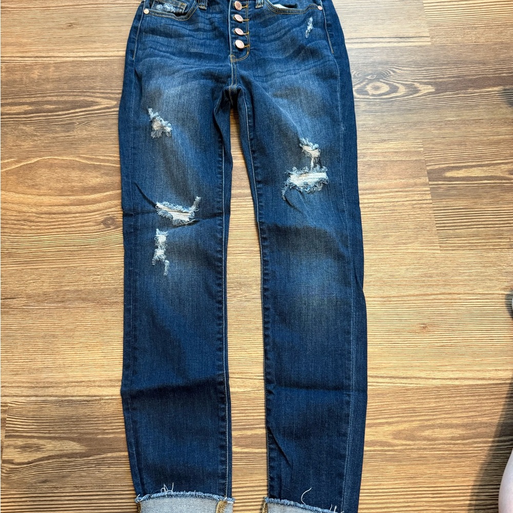Judy Blue Straight Leg Blue Jeans with Distressed Details